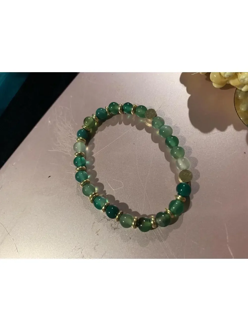Green Beaded Stretch Bracelet with Gold Accents